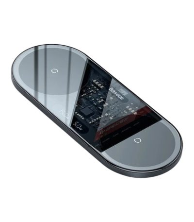 Vue aérienne d'un chargeur sans fil Baseus 2 en 1, mettant en avant son design élégant et les composants internes visibles à travers le dessus transparent.