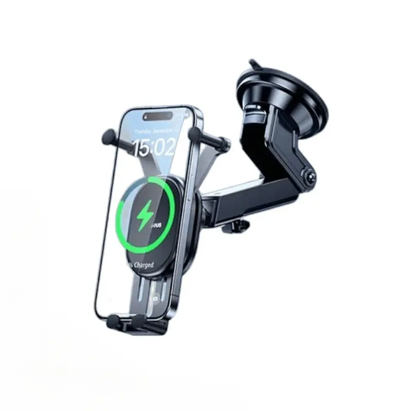 Image d'un support de voiture Baseus avec un smartphone affichant l'indicateur de charge, installé sur un tableau de bord. Le support est visible en détail, mettant en avant son design et sa fonctionnalité.