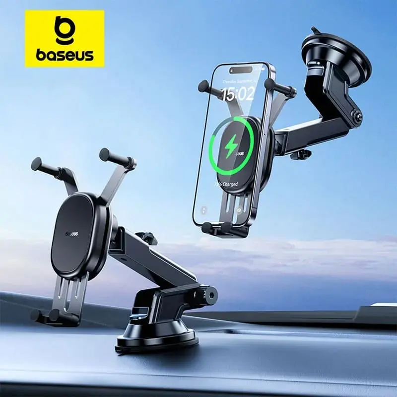 Image du support de voiture Baseus en action, tenant un smartphone en charge avec l'indicateur de batterie, sur un tableau de bord, avec le logo de Baseus en haut à gauche.