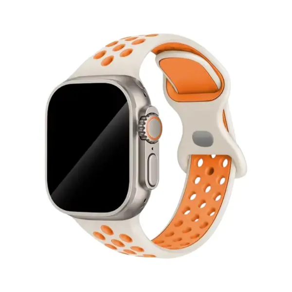 Bracelet en silicone bi-couleur pour Apple Watch, associant un blanc éclatant à des détails orange vif, parfait pour un look frais et dynamique, tout en assurant confort et fonctionnalité.