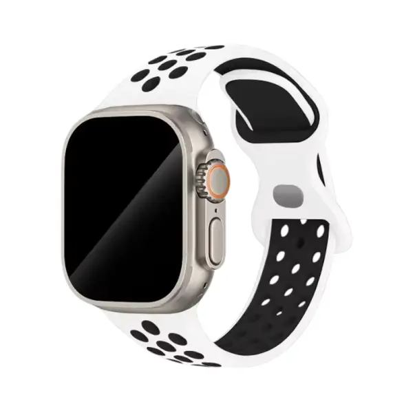 Bracelet en silicone bi-couleur pour Apple Watch, combinant un blanc pur avec des accents noirs, offrant un style épuré et contemporain, idéal pour toutes les occasions.