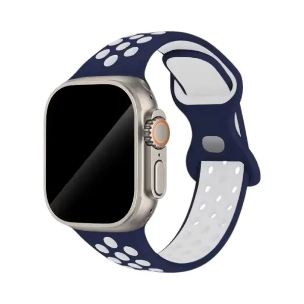 Bracelet en silicone bi-couleur pour Apple Watch, associant un bleu marine profond à des détails blancs, parfait pour un look à la fois classique et moderne, tout en garantissant confort et résistance.