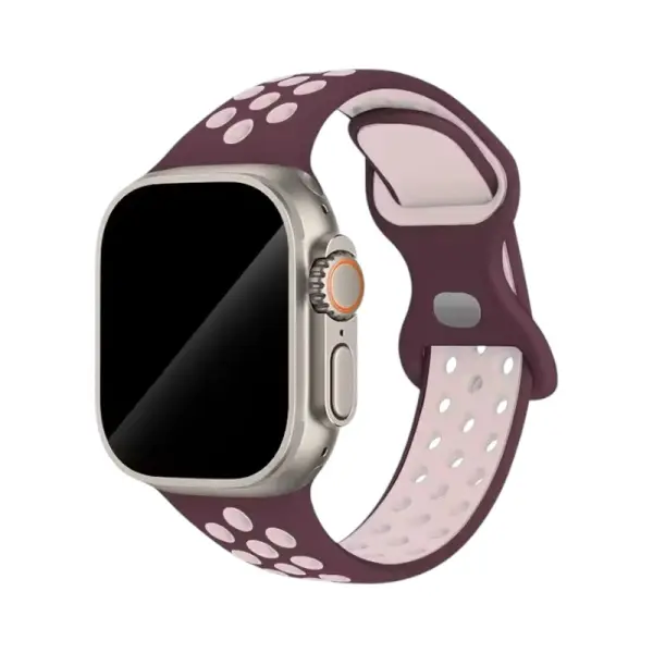Bracelet en silicone bi-couleur pour Apple Watch, alliant un bordeaux riche à des accents blancs, offrant un style élégant et sportif, idéal pour une utilisation quotidienne.