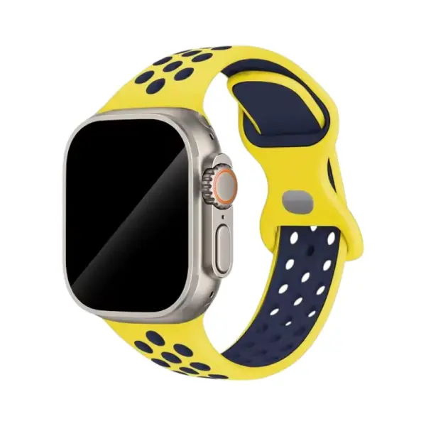 Bracelet en silicone bi-couleur pour Apple Watch, combinant un jaune éclatant avec des détails navy, parfait pour un look dynamique et tendance, tout en offrant un confort optimal.