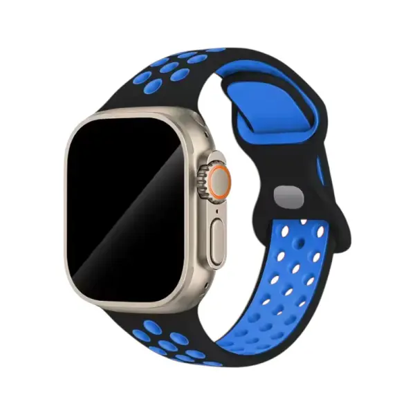 Bracelet en silicone bi-couleur pour Apple Watch, associant un noir moderne à des accents bleus vifs, idéal pour un style sportif et contemporain, tout en assurant confort et praticité.