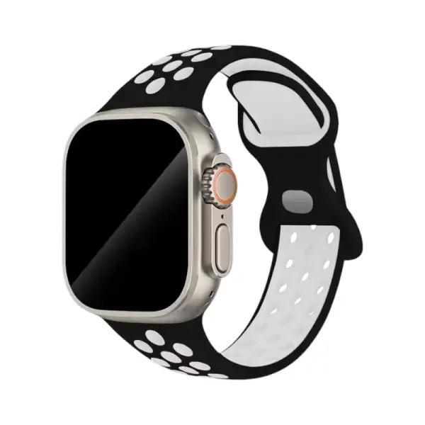 Bracelet en silicone bi-couleur pour Apple Watch, combinant un noir élégant avec des détails blancs, offrant un look chic et sportif, parfait pour toutes les occasions.