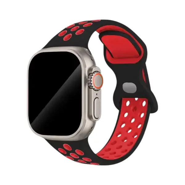 Bracelet en silicone bi-couleur pour Apple Watch, alliant un noir profond à des accents rouges vibrants, idéal pour un style audacieux et sportif, tout en garantissant confort et flexibilité.