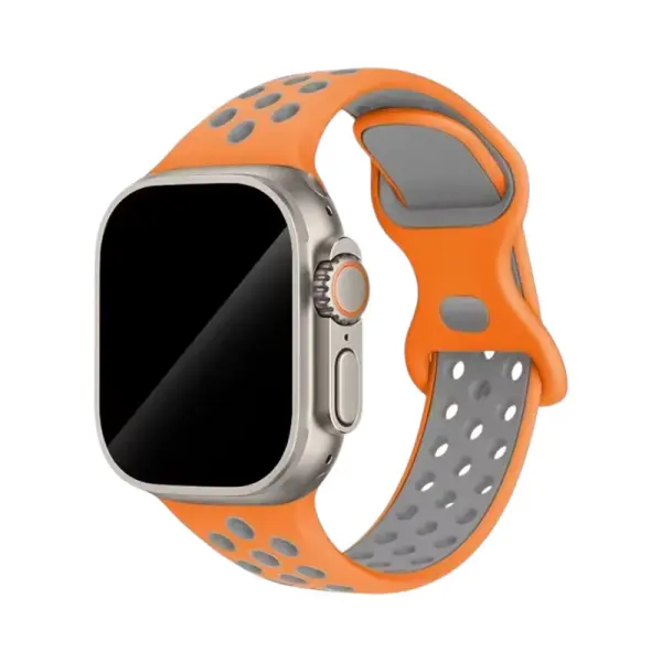 Bracelet en silicone bi-couleur pour Apple Watch, mêlant un orange vif à des détails gris, offrant un look dynamique et énergique, parfait pour une utilisation sportive.