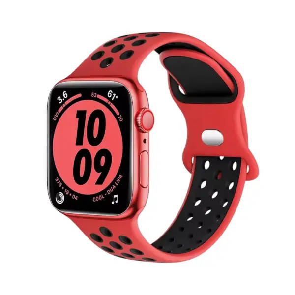 Bracelet en silicone bi-couleur pour Apple Watch, combinant un rouge vif avec des accents noirs, apportant une touche audacieuse et énergique, idéal pour un style sportif et percutant.