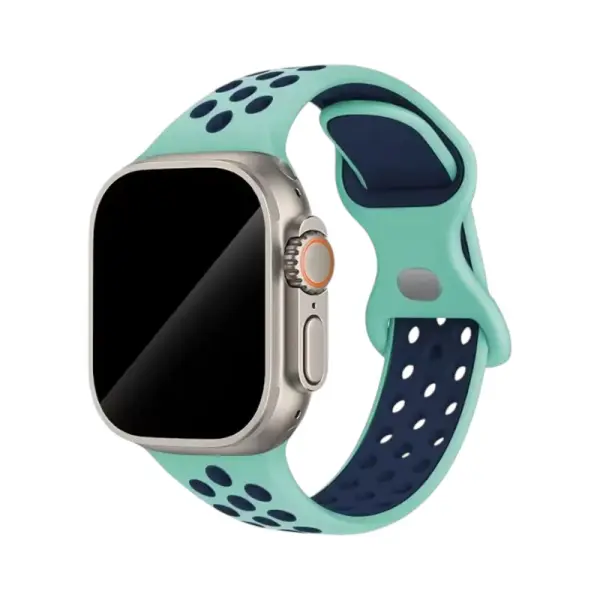 Bracelet en silicone bi-couleur pour Apple Watch, associant un vert menthe frais à un bleu marine, parfait pour un style athlétique et moderne, tout en offrant un confort optimal.