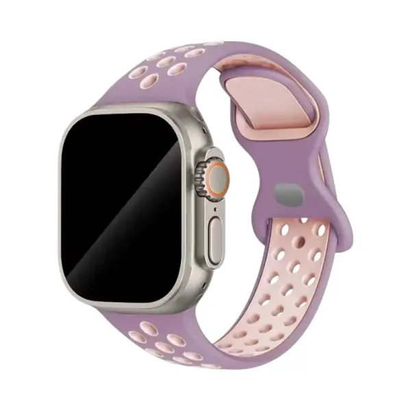 Bracelet en silicone bi-couleur pour Apple Watch, combinant un violet doux et un rose pâle, offrant un style sportif et dynamique, idéal pour un look à la fois tendance et confortable.