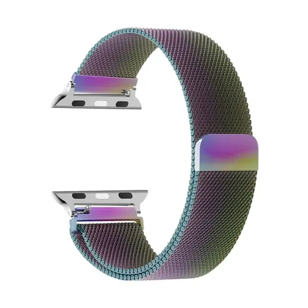 Bracelet milanais pour Apple Watch en acier inoxydable, avec un effet dégradé aux couleurs iridescentes, combinant style audacieux et élégance moderne.