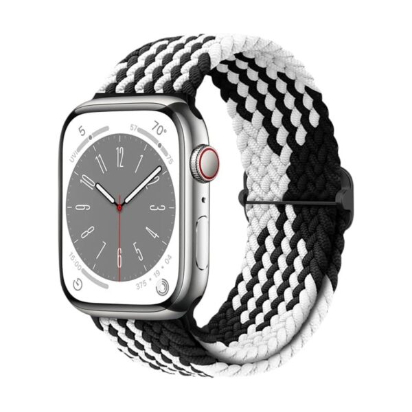 Bracelet en nylon tressé pour Apple Watch, avec un design en noir et blanc, offrant une allure classique et moderne, idéale pour toutes les occasions.