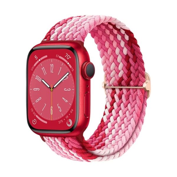 Bracelet en nylon tressé pour Apple Watch, avec un design vibrant en rouge et rose, alliant confort et style audacieux pour une touche dynamique.