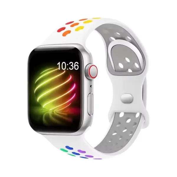 Bracelet en silicone bi-couleur pour Apple Watch, présentant un design blanc avec des accents multicolores, idéal pour un style fun et audacieux, tout en offrant confort et légèreté.