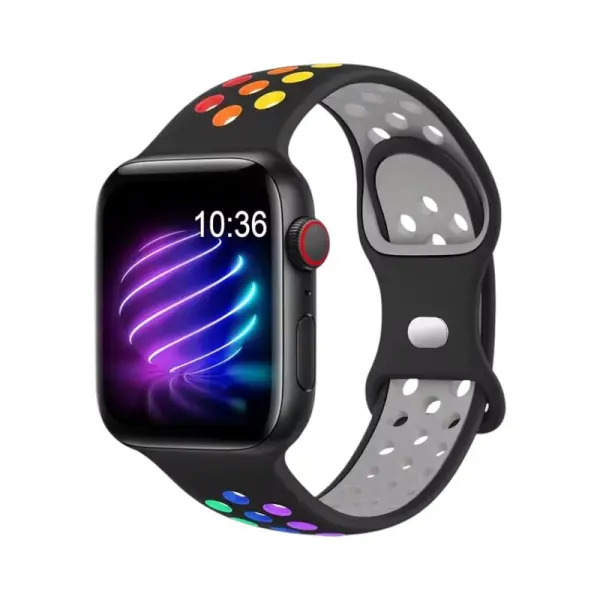 Bracelet en silicone bi-couleur pour Apple Watch, présentant un design noir avec des accents multicolores, idéal pour un style fun et audacieux, tout en offrant confort et légèreté.