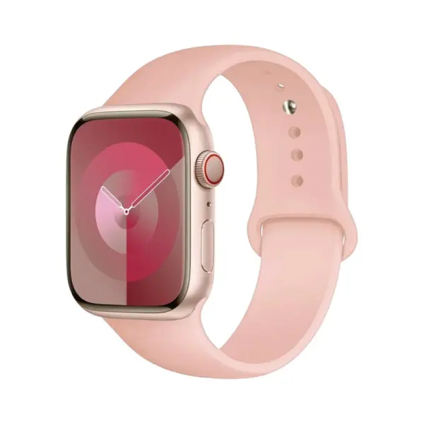 Bracelet de sport pour Apple Watch, affichant une teinte rose douce, offrant un look élégant et minimaliste, tout en garantissant un confort optimal pour les activités quotidiennes.