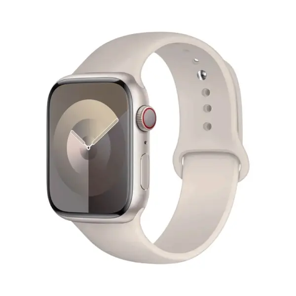 Bracelet de sport pour Apple Watch, arborant une teinte beige élégante, idéal pour un look chic et intemporel, tout en garantissant un confort exceptionnel pour les activités quotidiennes.