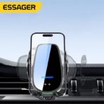 Support de voiture automatique Essager de 15W, avec un smartphone intégré, monté sur une grille d'aération, affichant le logo "ESSAGER" sur un fond clair.