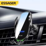 Support de voiture automatique Essager de 15W, monté sur une grille d'aération, avec un design élégant en noir et argent, affichant le logo "ESSAGER" sur un fond clair.