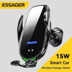 Image du support de voiture automatique Essager de 15W, avec le logo "ESSAGER" en haut, et une description indiquant "Smart Car Wireless Charger Stand" sur un fond clair.