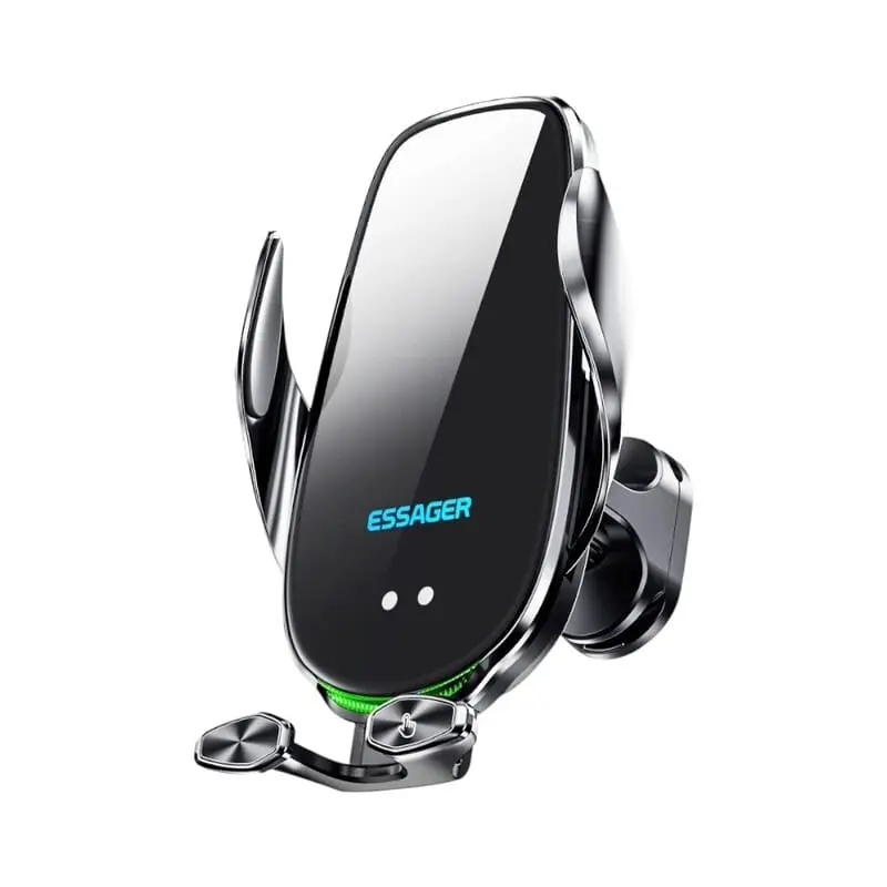 Support de voiture automatique Essager de 15W, affichant un design moderne en noir et argent, avec un écran indiquant le logo "ESSAGER" sur un fond clair.