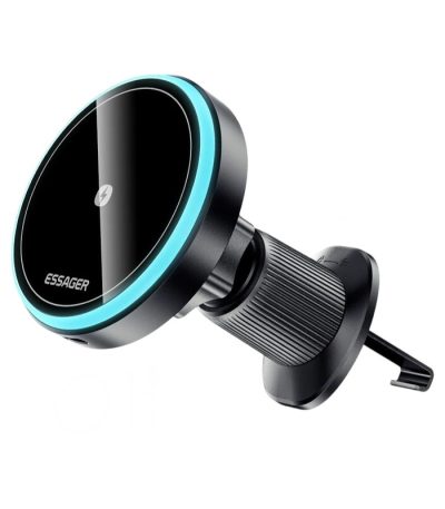 Support de voiture Essager MagSafe 15W, montrant un design moderne avec une base de fixation pour grille de ventilation et une LED d'indication.