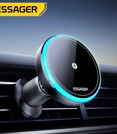 Support de voiture Essager MagSafe 15W monté sur une grille de ventilation, avec un design élégant et une LED d'indication lumineuse.