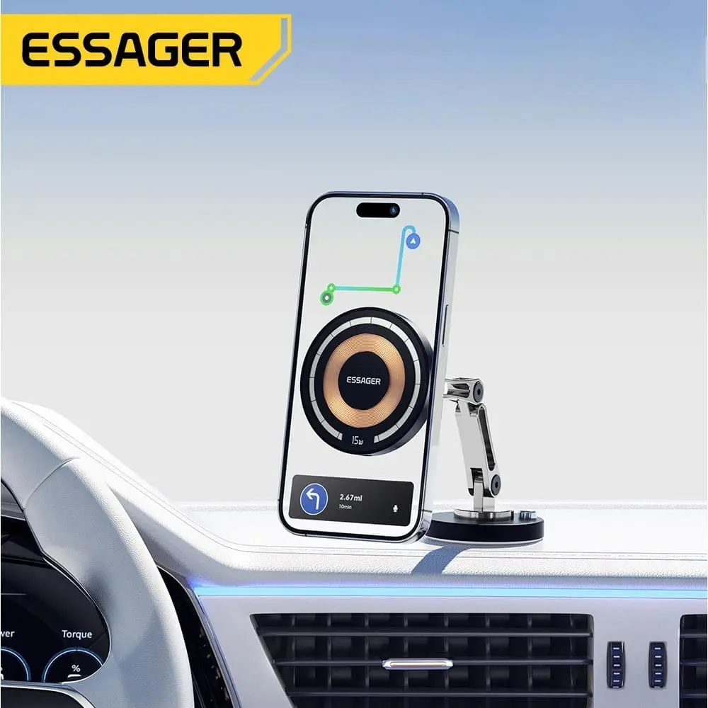 Support de voiture Essager MagSafe avec un smartphone affichant des instructions de navigation, offrant une fixation stable et un accès facile aux fonctionnalités tout en conduisant.