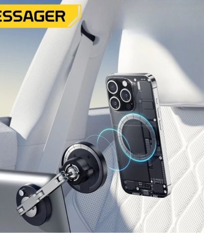 Support de voiture Essager MagSafe en action, montrant un smartphone fixé sur le tableau de bord, avec un design élégant et une connexion sécurisée pour une utilisation pratique lors de la conduite.