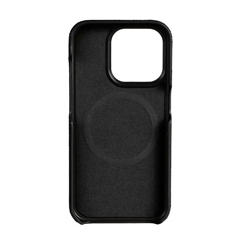 Coque en cuir noire pour iPhone, vue intérieure montrant la texture et le contour de protection.