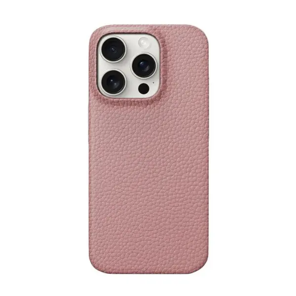Coque en cuir Langsidi pour iPhone, montrant la partie arrière texturée rose, avec les découpes pour les caméras.