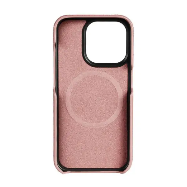 Coque en cuir Langsidi pour iPhone, vue intérieure montrant la texture rose et le contour de protection.