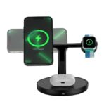 Station de charge Baseus MagSafe avec un smartphone, une montre connectée et des écouteurs sans fil, affichant un indicateur de charge à 75 %, sur un fond clair.