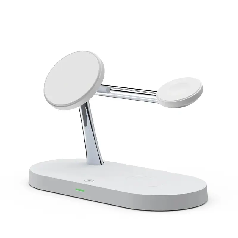 Timess - Station de charge sans fil 3 en 1 en blanc, avec un design élégant et fonctionnel, permettant de charger simultanément un smartphone, une montre connectée et des écouteurs.