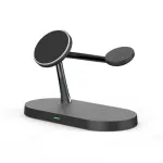 Timess - Station de charge sans fil 3 en 1 en noir, avec un design moderne et ergonomique, permettant de charger simultanément un smartphone, une montre connectée et des écouteurs.