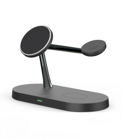 Timess - Station de charge sans fil 3 en 1 en noir, avec un design moderne et ergonomique, permettant de charger simultanément un smartphone, une montre connectée et des écouteurs.