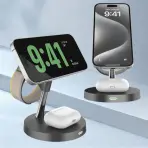 Timess - Support de charge avec affichage de l'heure sur un smartphone et écouteurs sans fil sur la base.