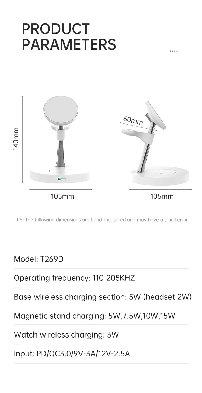 Paramètres du produit, y compris les dimensions et les spécifications de charge pour un support de charge sans fil.