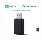 Adaptateur Xuda pour CarPlay et Android Auto sans fil, affichant les fonctionnalités "Plug and Play" et "Auto Connect", avec indication LED.