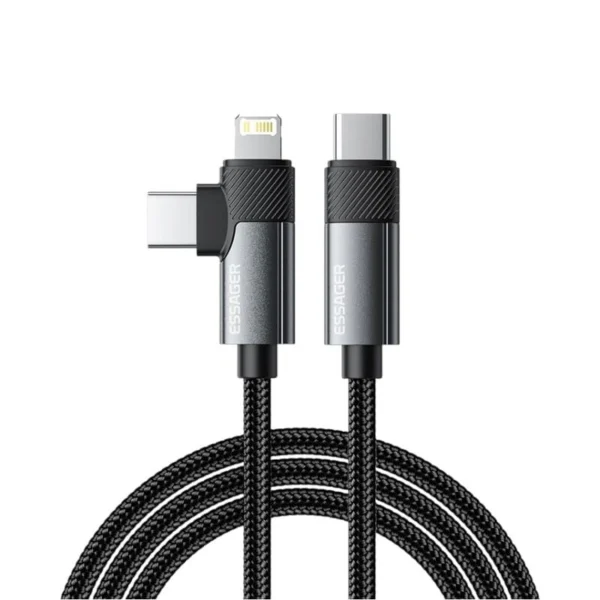 Image d'un câble de marque Essager, présentant un connecteur Lightning et un connecteur USB-C. Le câble est en nylon tressé de couleur noire, avec des connecteurs angulaires. L'accent est mis sur la texture et le design des connecteurs.