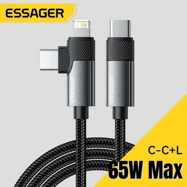 Image d'un câble de marque Essager, montrant un connecteur Lightning et un connecteur USB-C. Le câble est en nylon tressé noir, avec une mention "65W Max" pour indiquer sa capacité de puissance. Le texte "C-C+L" est également visible, soulignant la compatibilité des connecteurs. Le design est moderne et accrocheur.